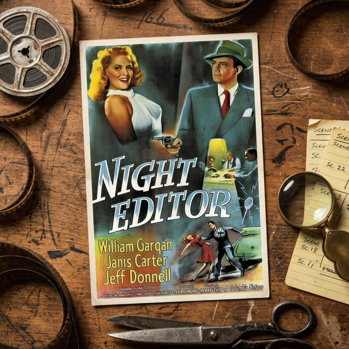 Vintage movie poster for the film 'Night Editor' featuring illustrated actors William Gargan, Janis Carter, and Jeff Donnell, displayed against a neutral gray background.