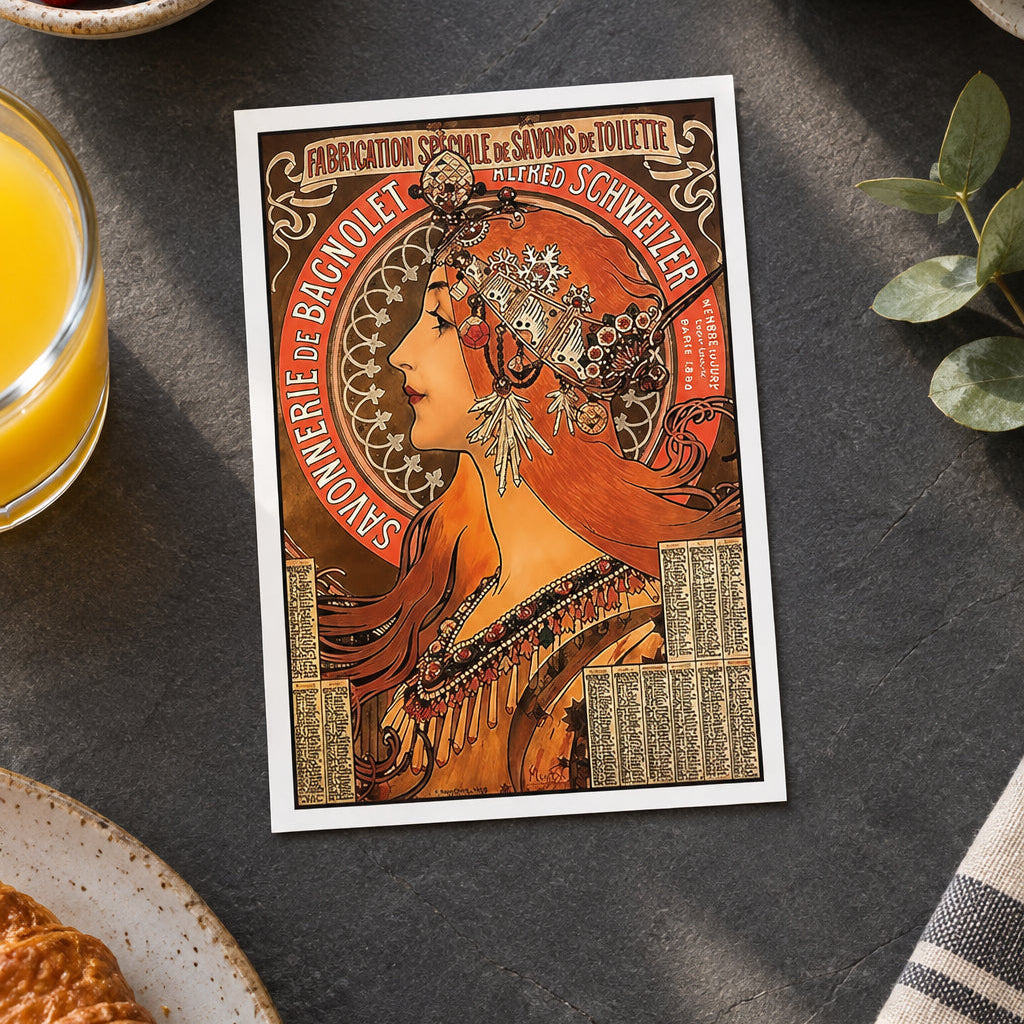 A framed vintage-style Alphonse Mucha poster print featuring a woman in profile with ornate decorative lettering and warm orange, brown, and cream tones, shown against a gray gradient background.