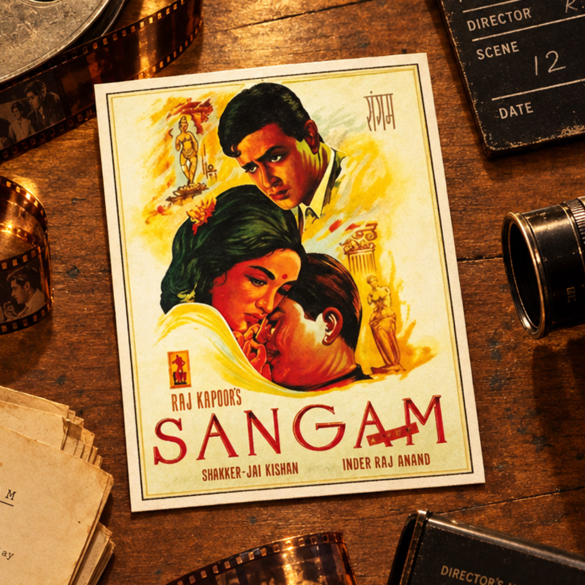 A vintage-style movie poster for the film 'Sangam' featuring illustrated portraits of Raj Kapoor and other cast members, with the title 'SANGAM' in large red letters at the bottom, shown hanging against a gray wall.