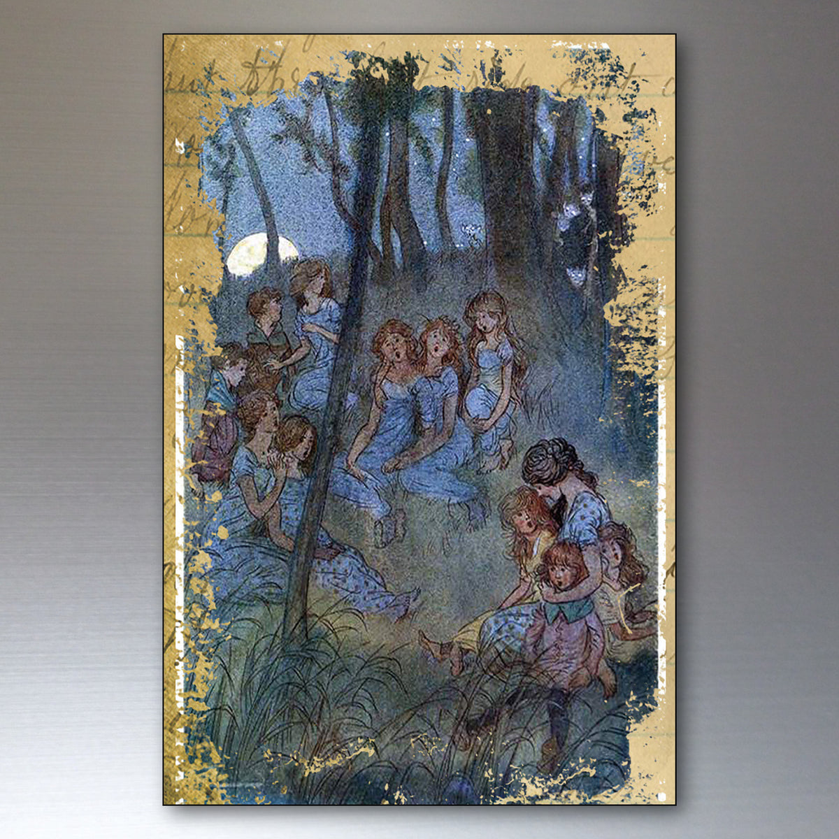 A vertical art print or poster depicting a fairy tale scene of young girls in blue dresses gathered in a moonlit forest, framed by a distressed gold border on a gray gradient background.