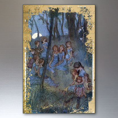 A vertical art print or poster depicting a fairy tale scene of young girls in blue dresses gathered in a moonlit forest, framed by a distressed gold border on a gray gradient background.