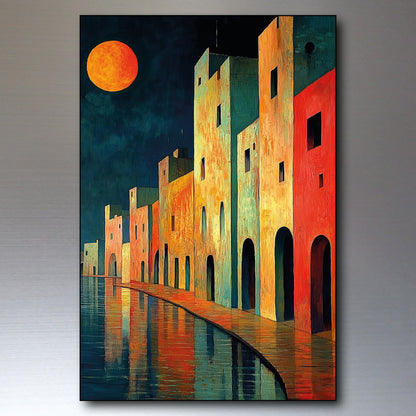 A vertical canvas painting of a stylized coastal town at night, featuring brightly colored buildings in orange, yellow, and red reflecting on the water under a large glowing orange moon.