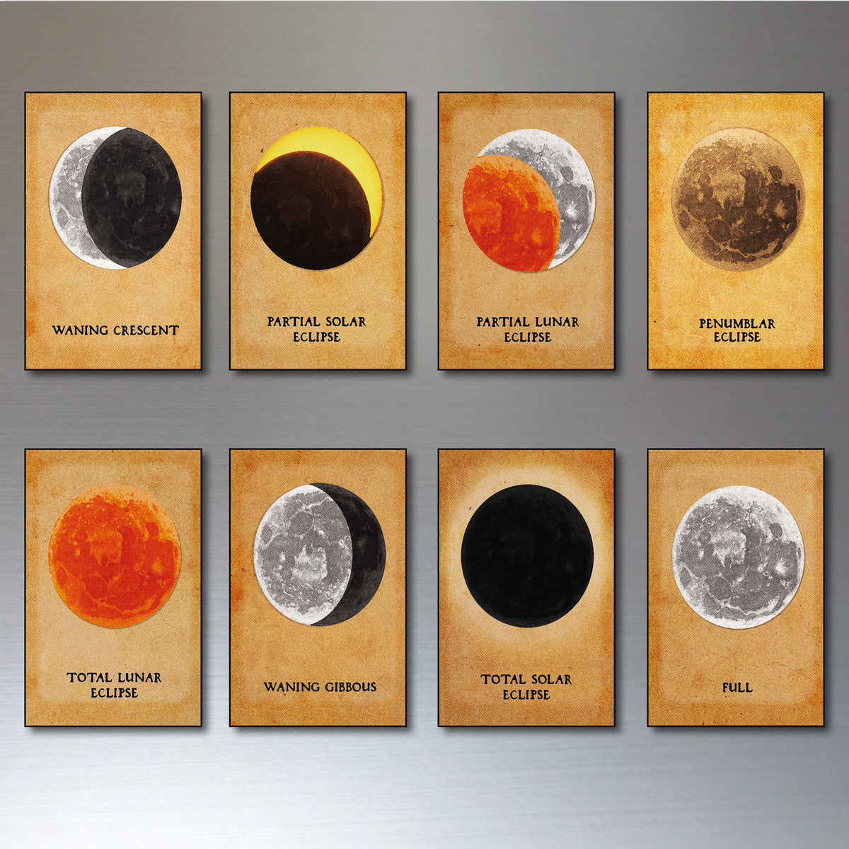 Vintage Moon Phases & Lunar Eclipse Illustrations | Fridge Magnets Set of 8