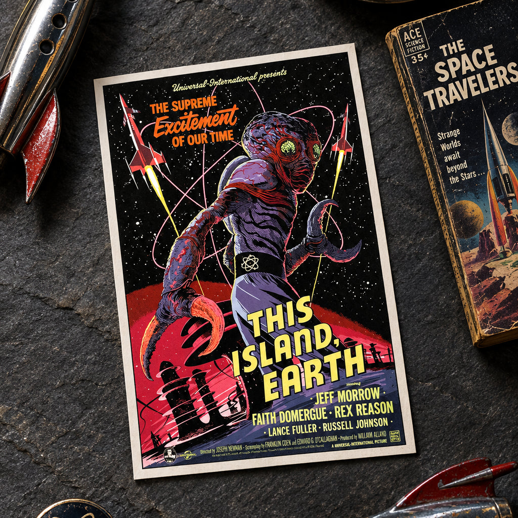 A retro sci-fi movie poster for 'This Island Earth' displayed on a metallic gray wall. The poster features a large, muscular alien with green eyes and clawed hands, surrounded by rockets and stars, with bold yellow title text.