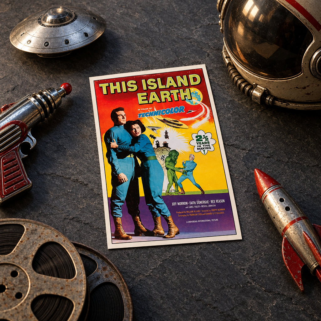 A vintage movie poster for 'This Island Earth' displayed against a neutral gray gradient background. The poster features retro sci-fi artwork with two figures in blue uniforms, a green alien, and a bright yellow-to-red gradient background with 'Technicolor' branding.