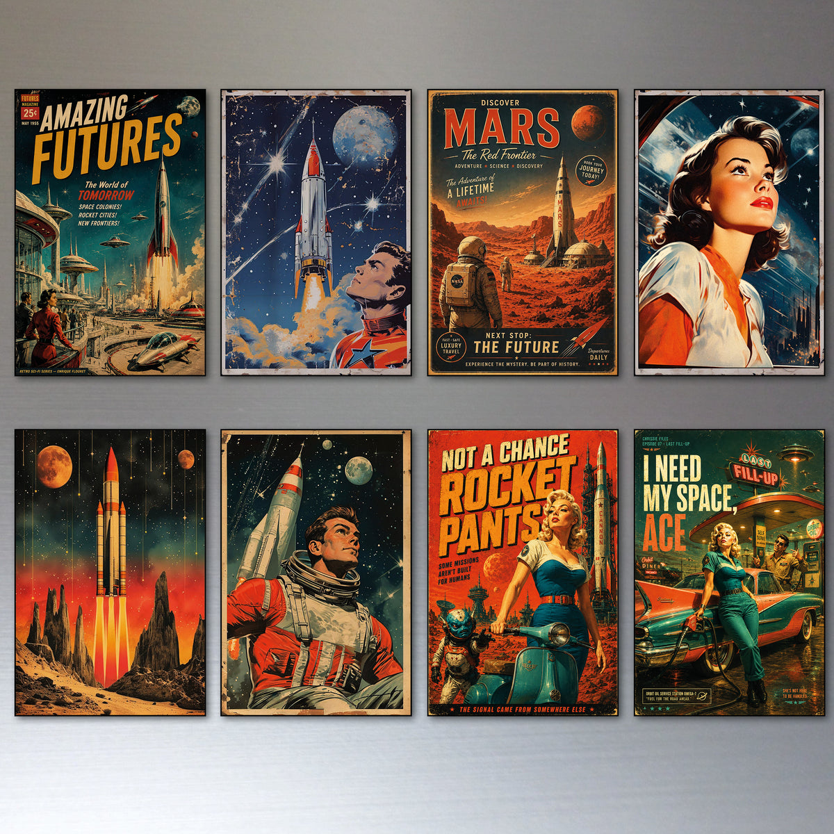 Eight framed retro science fiction posters arranged in two rows on a light gray wall. The posters feature classic space-themed artwork including rockets, planets, astronauts, and stylized vintage typography such as 'Amazing Futures,' 'Mars,' 'Not a Chance Rocket Pants,' and 'I Need My Space Ace.