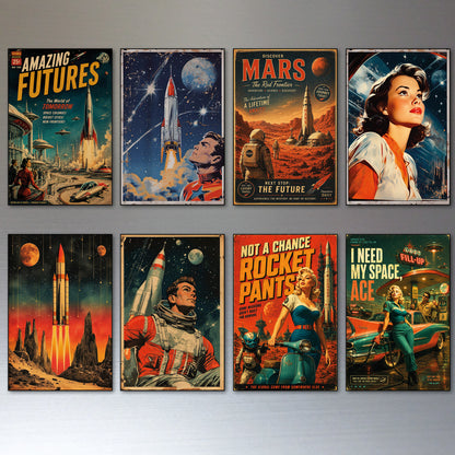 Eight framed retro science fiction posters arranged in two rows on a light gray wall. The posters feature classic space-themed artwork including rockets, planets, astronauts, and stylized vintage typography such as 'Amazing Futures,' 'Mars,' 'Not a Chance Rocket Pants,' and 'I Need My Space Ace.
