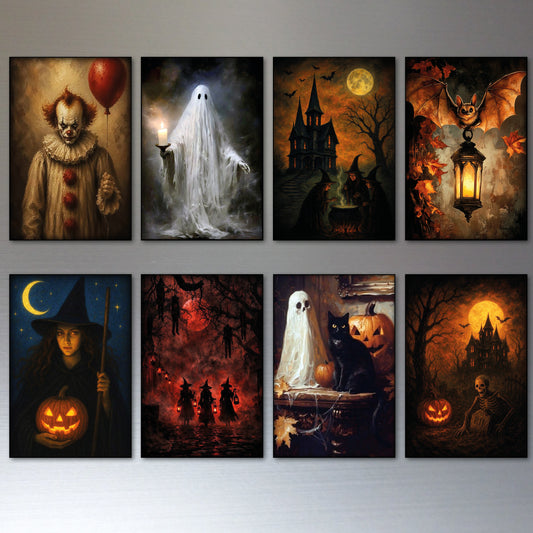 Eight Halloween-themed canvas wall art prints arranged in two rows of four on a light gray wall. The designs include a clown with a balloon, a ghost holding a lantern, a haunted house at full moon, a bat under a lantern, a witch holding a glowing pumpkin and staff, three witches in a dark forest, a white ghost beside a black cat with pumpkins, and a skeleton by a haunted house under a full moon.