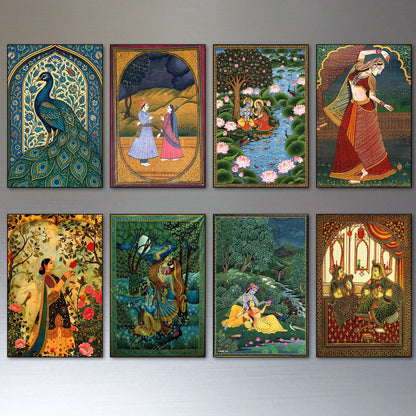 Vintage Indian Mughal Pichwai Art Fridge Magnets Set of 8 | Cultural Art Gift