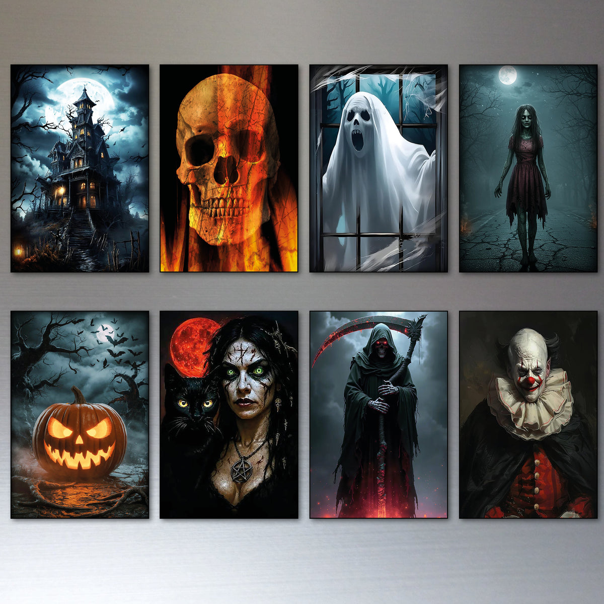 Eight framed Halloween-themed fridge magnets arranged in two rows on a light gray wall. The prints feature spooky illustrations including a haunted house under a full moon, a glowing skull in flames, a ghost at a window, a dark girl in a dress, a jack-o'-lantern, a woman with a black cat and red moon, a grim reaper, and a clown.