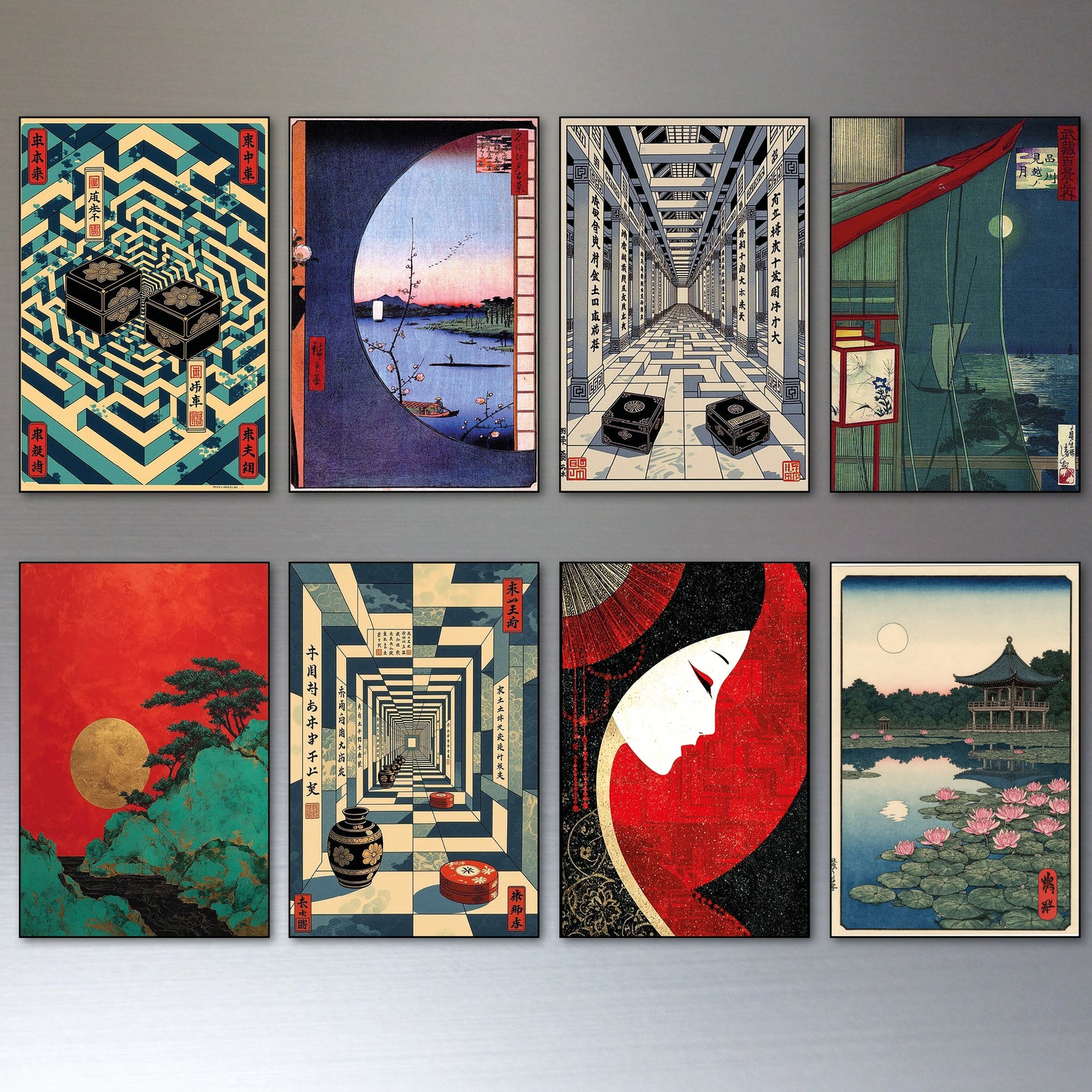 A set of six framed Japanese-style art prints arranged in a 2x3 grid on a light gray wall. The prints feature diverse traditional designs including geometric patterns, a lacquer boat in a tunnel, a red-and-black face silhouette, a landscape with pink lotus flowers, and a red sunset scene.