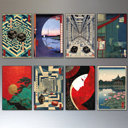 A set of six framed Japanese-style art prints arranged in a 2x3 grid on a light gray wall. The prints feature diverse traditional designs including geometric patterns, a lacquer boat in a tunnel, a red-and-black face silhouette, a landscape with pink lotus flowers, and a red sunset scene.