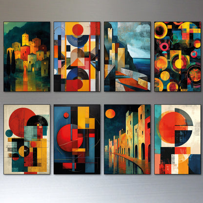 Eight framed abstract and architectural art prints arranged in two rows of four on a light gray wall. The paintings feature bold geometric shapes, warm orange and yellow tones, deep blue, black, and red, with some depicting stylized cityscapes and others purely abstract.
