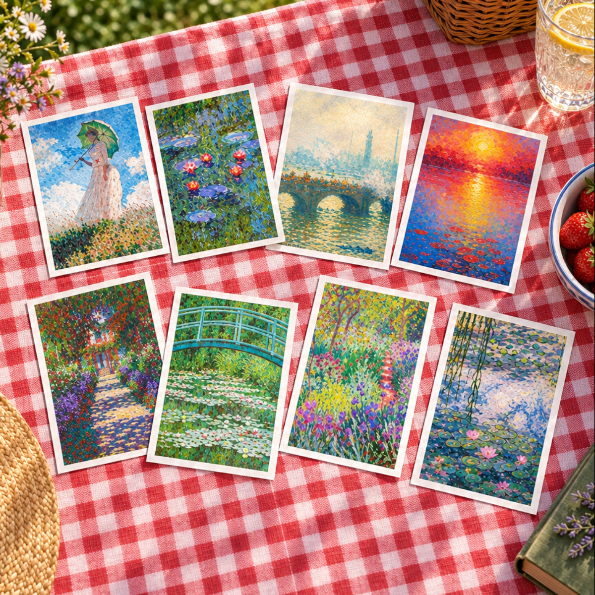 A set of eight framed-style art prints arranged in a 2x4 grid, featuring impressionist scenes inspired by Claude Monet, including a woman with an umbrella, water lilies, a bridge over water, a sunset over water, a garden path, a green bridge over pond lilies, a flower garden, and another pond scene.