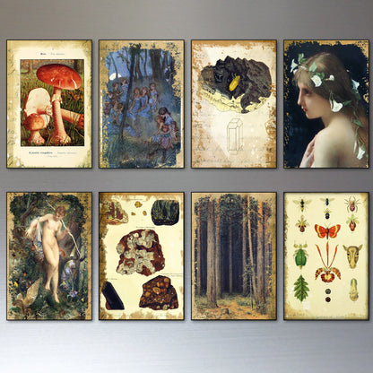 Eight framed vintage-style art prints arranged in a 2x4 grid on a light gray wall. The prints feature whimsical illustrations including mushrooms, forest scenes, a bird, a woman's profile, rocks, trees, and insect and animal motifs.