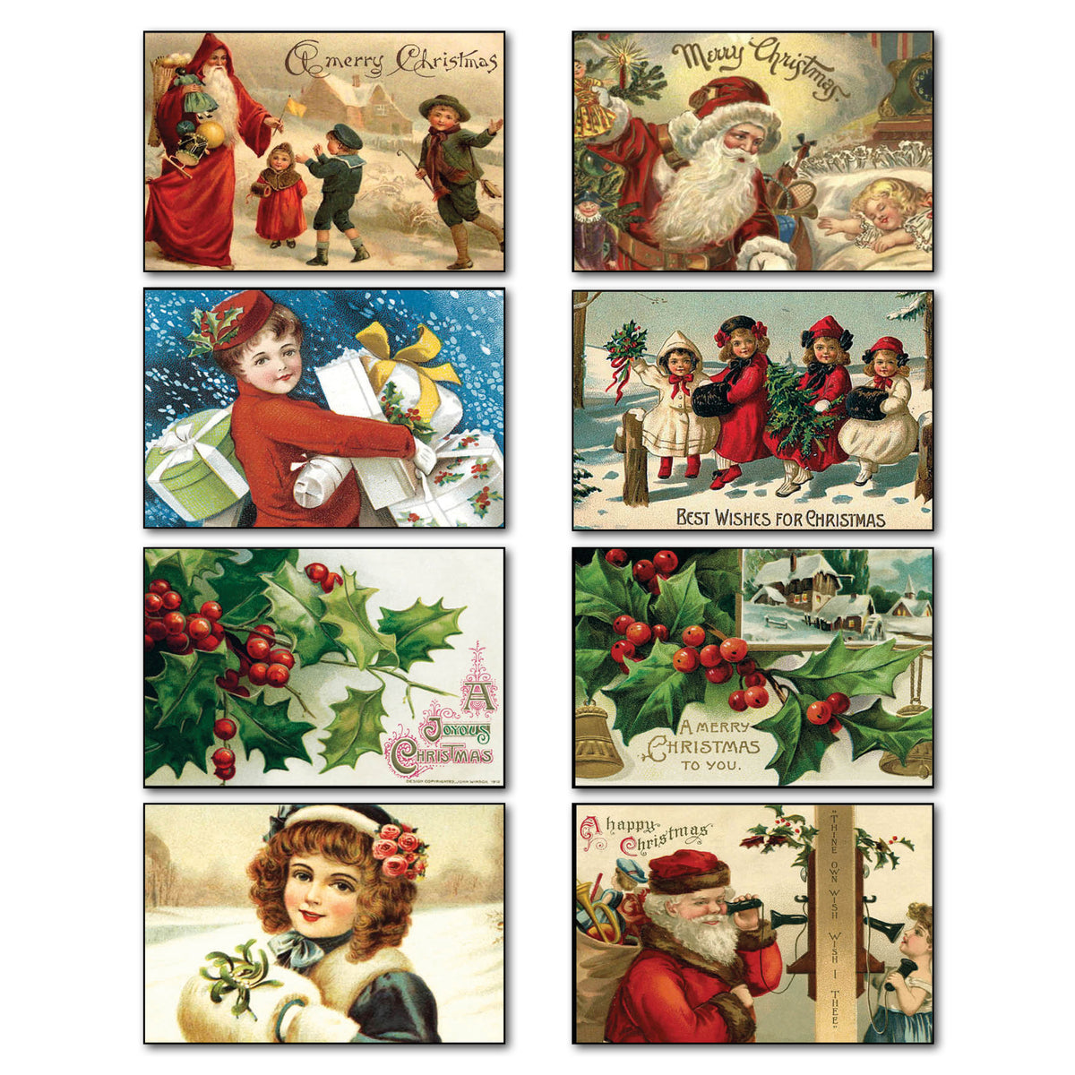 A set of 8 fridge magnets with victorian traditional Christmas scenes of  children playing in snow  surronded by trees and snowmen
