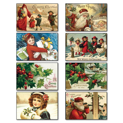 A set of 8 fridge magnets with victorian traditional Christmas scenes of  children playing in snow  surronded by trees and snowmen