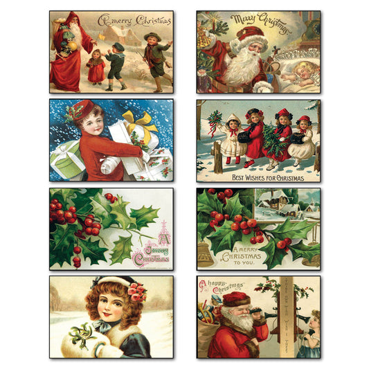 A set of 8 fridge magnets with victorian traditional Christmas scenes of  children playing in snow  surronded by trees and snowmen