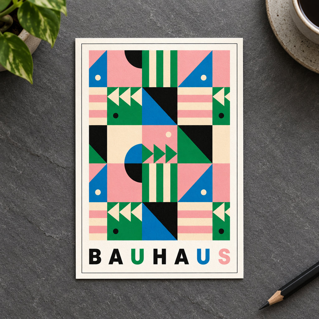 A framed Bauhaus-style geometric art print featuring a colorful abstract pattern with pink, green, blue, black, and cream shapes, with the word 'BAUHAUS' printed at the bottom, shown against a gray gradient background.