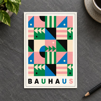 A framed Bauhaus-style geometric art print featuring a colorful abstract pattern with pink, green, blue, black, and cream shapes, with the word 'BAUHAUS' printed at the bottom, shown against a gray gradient background.
