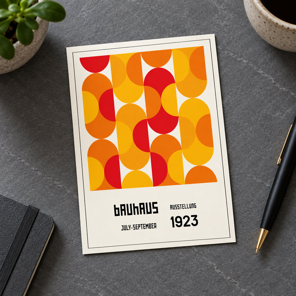 A framed poster print featuring a mid-century modern geometric pattern of overlapping orange, yellow, and red semi-circles on a white background, with the text 'BRAUHAUS RUSSELLING JULY-SEPTEMBER 1923' printed below. The poster is shown against a neutral gray gradient background.