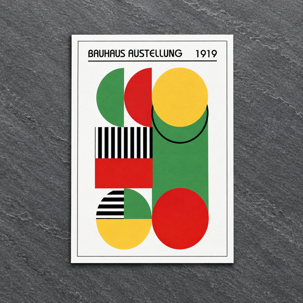 A vertical poster print featuring Bauhaus 1919 geometric abstract artwork with overlapping circles, semicircles, stripes, and blocks in green, red, yellow, black, and white, shown against a gray gradient background.