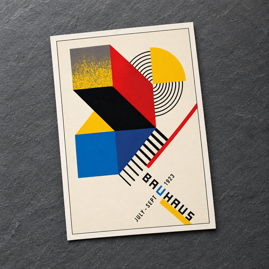 A framed abstract Bauhaus-style poster print with geometric blocks and text reading 'BAUHAUS' and 'JULI - SEP T 1929', shown against a neutral gray gradient background.