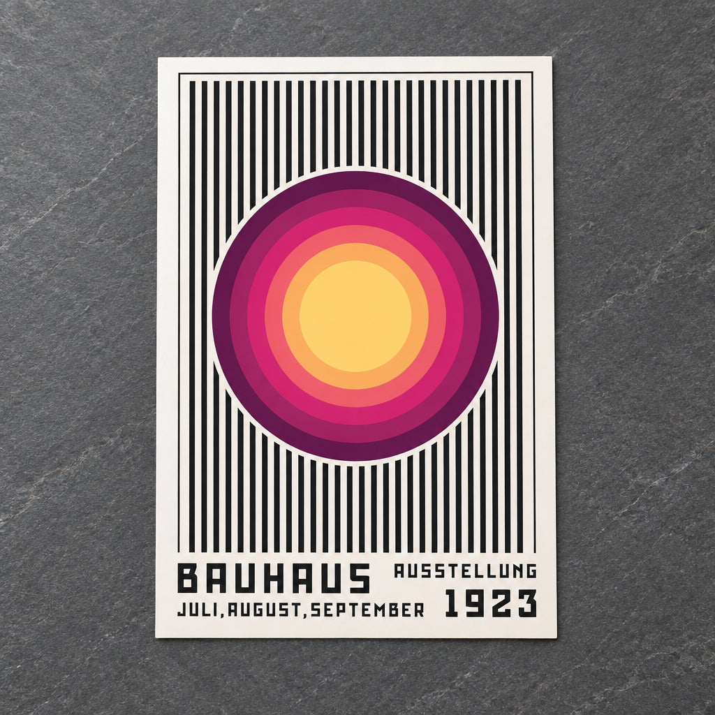 A Bauhaus exhibition poster print featuring a retro design with concentric circles in yellow, orange, pink, and purple over a black and white striped background, with text reading 'BAUHAUS AUSSTELLUNG JULI, AUGUST, SEPTEMBER 1923'.