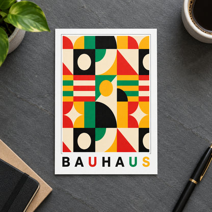 A framed Bauhaus-style geometric art print featuring bold abstract shapes in black, green, red, yellow, and cream, with the word 'BAUHAUS' printed at the bottom, shown against a gray gradient background.