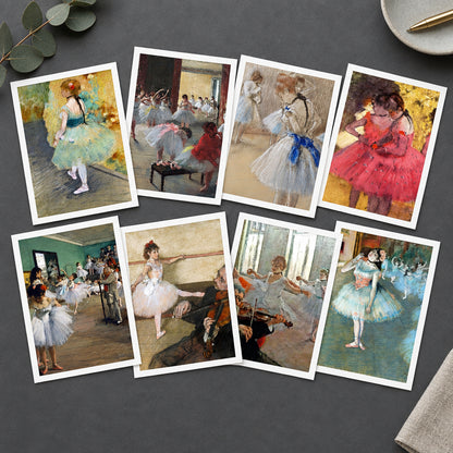 A collage of eight framed-style art prints showing ballerina and dance studio scenes in soft impressionistic brushwork. The prints feature ballerinas in white, pink, blue, and red tutus within warm-toned dance halls and studios.