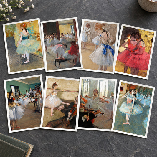 A collage of eight framed-style art prints showing ballerina and dance studio scenes in soft impressionistic brushwork. The prints feature ballerinas in white, pink, blue, and red tutus within warm-toned dance halls and studios.