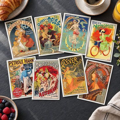 A set of eight vintage-style Art Nouveau posters arranged in two rows on a plain white background. The posters feature colorful illustrations with French text, including designs for Chocolat Ideal, Bieres de Meusne, Le Triomphe de l'Orient, Le Goulou de la Metropole, Pétrole Hànn, Ambassadeurs des Coeurs, Fleury Cétes, and Ambition Universelle.