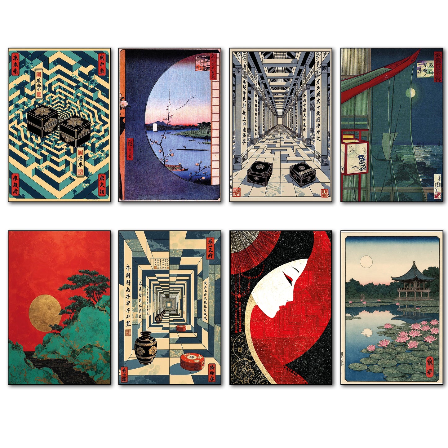 A set of eight Japanese-style art prints arranged in a 2x4 grid on a white background. The prints feature various classic ukiyo-e designs, including geometric maze patterns, a moonlit river scene, a long corridor, a red-and-black face profile, and a garden pond with lotus flowers.