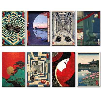 A set of eight Japanese-style art prints arranged in a 2x4 grid on a white background. The prints feature various classic ukiyo-e designs, including geometric maze patterns, a moonlit river scene, a long corridor, a red-and-black face profile, and a garden pond with lotus flowers.