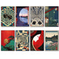 A set of eight Japanese-style art prints arranged in a 2x4 grid on a white background. The prints feature various classic ukiyo-e designs, including geometric maze patterns, a moonlit river scene, a long corridor, a red-and-black face profile, and a garden pond with lotus flowers.