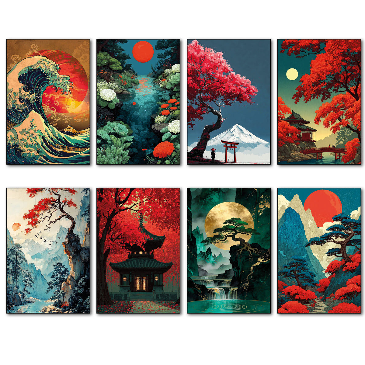 Japanese Modern Art Vintage Landscape Scenes | Set of 8 Fridge Magnets | No.4