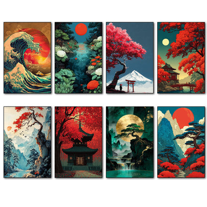 Japanese Modern Art Vintage Landscape Scenes | Set of 8 Fridge Magnets | No.4