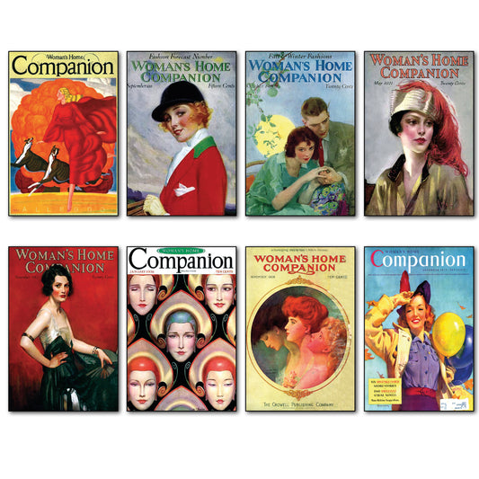 A set of vintage illustrated magazine covers titled Woman's Home Companion and Companion, arranged in two rows on a plain white background. The covers feature colorful retro artwork with women and men in early 20th-century fashion, including red, yellow, green, blue, and black tones.
