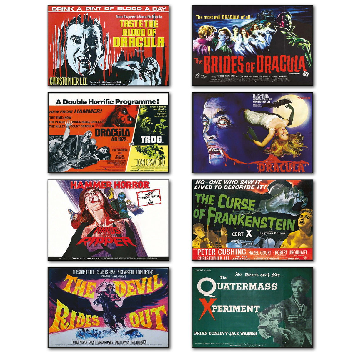 A 3x3 grid of vintage horror movie poster and booklet covers, including Dracula, Bride of Dracula, Hammer Horror, The Curse of Frankenstein, The Devil Rides Out, and The Quatermass Experiment.