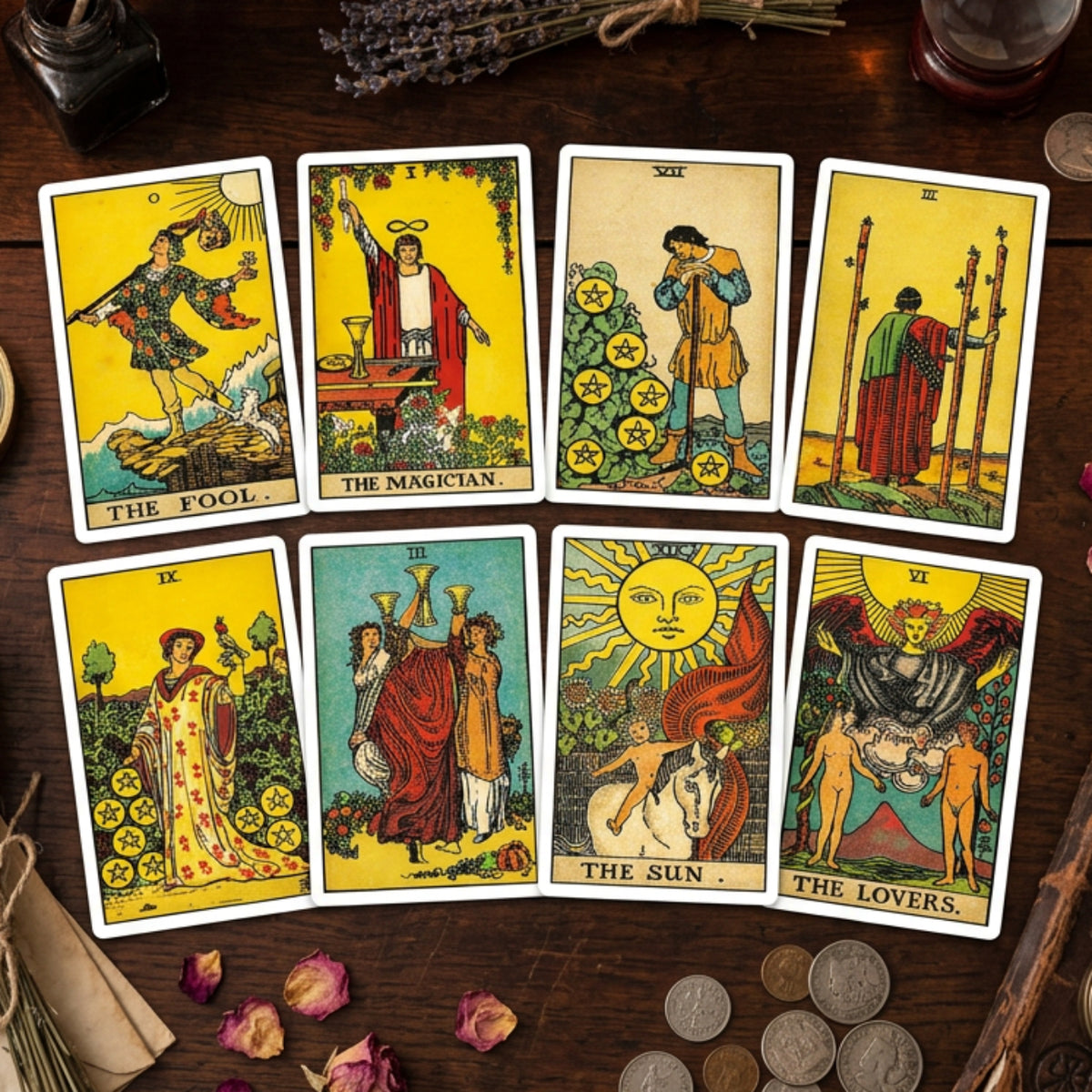Eight classic Rider-Waite tarot cards arranged in a 2x4 grid on a white background, including The Fool, The Magician, The Sun, and The Lovers.