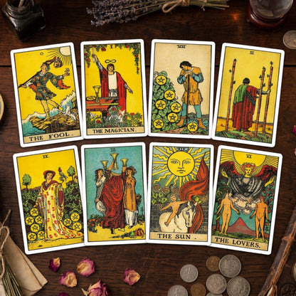 Eight classic Rider-Waite tarot cards arranged in a 2x4 grid on a white background, including The Fool, The Magician, The Sun, and The Lovers.