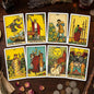 Eight classic Rider-Waite tarot cards arranged in a 2x4 grid on a white background, including The Fool, The Magician, The Sun, and The Lovers.