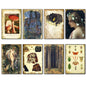 A set of eight vintage-style art prints arranged in a 2x4 grid on a white background. The prints feature classic illustrations including a forest scene with mushrooms, a dark bird, a profile portrait of a woman, a nude figure, rocks and fossils, a forest, and insect and animal studies.