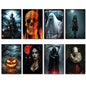 Eight framed Halloween-themed Fridge Magnets arranged in two rows on a light gray wall. The prints feature spooky illustrations including a haunted house under a full moon, a glowing skull in flames, a ghost at a window, a dark girl in a dress, a jack-o'-lantern, a woman with a black cat and red moon, a grim reaper, and a clown.