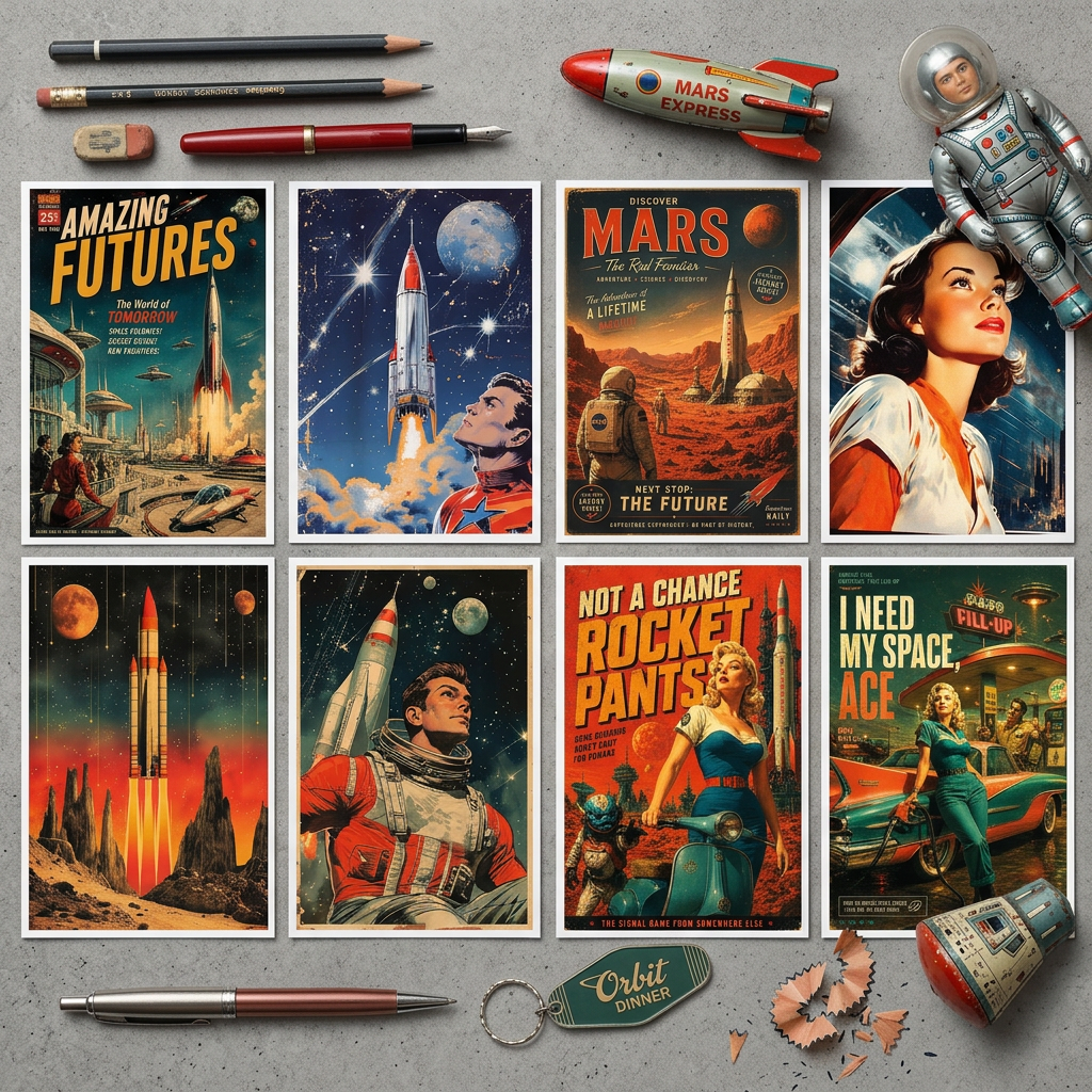 A set of eight vintage-style retro science fiction metal tin signs featuring classic space and sci-fi comic book covers, arranged in a 2x4 grid on a white background.