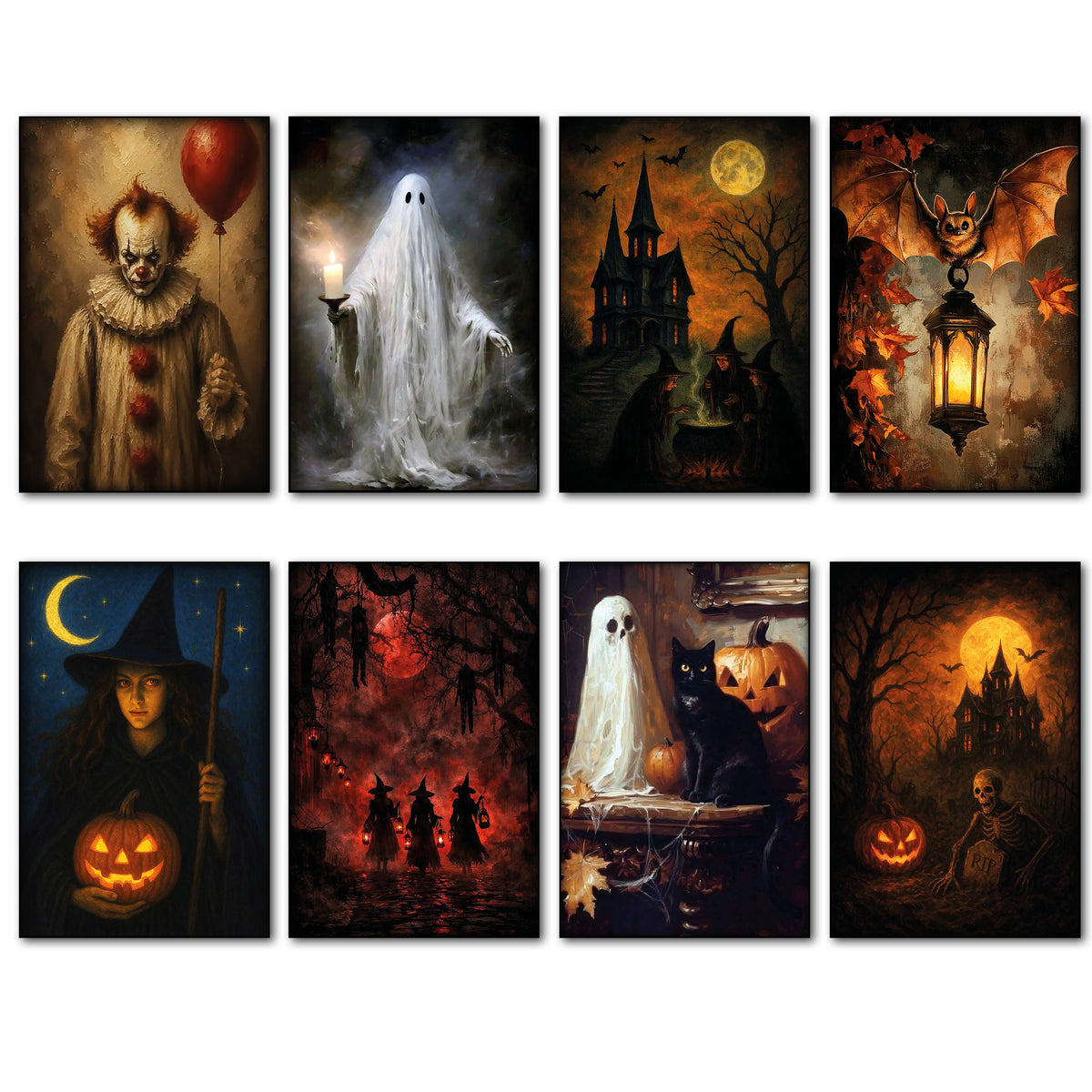 Eight Halloween-themed art prints arranged in a 2x4 grid on a white background, featuring classic spooky scenes: a clown with a balloon, a ghost holding a lantern, a haunted house at full moon, a bat hanging from a lantern, a witch holding a pumpkin and crescent moon, three witches in a dark forest, a ghost and black cat by a cauldron, and a skeleton by a haunted house under a full moon.