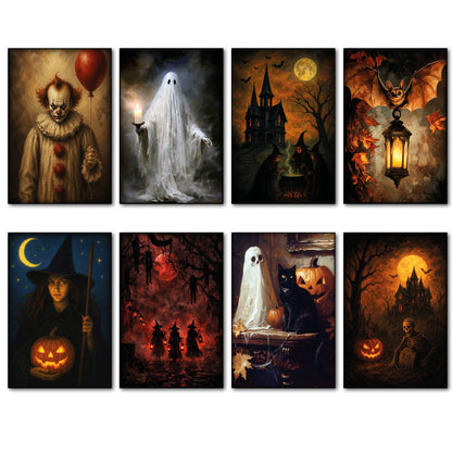 Eight Halloween-themed art prints arranged in a 2x4 grid on a white background, featuring classic spooky scenes: a clown with a balloon, a ghost holding a lantern, a haunted house at full moon, a bat hanging from a lantern, a witch holding a pumpkin and crescent moon, three witches in a dark forest, a ghost and black cat by a cauldron, and a skeleton by a haunted house under a full moon.