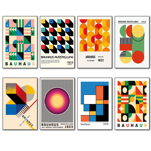 Six framed Bauhaus-style fridge magnets arranged in a 2x3 grid on a white background. Each print features bold geometric shapes, stripes, circles, and blocks in multiple colors, with the word Bauhaus.