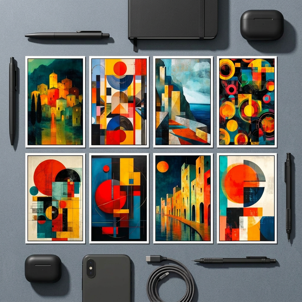 A flat-lay arrangement of eight framed abstract geometric art prints with vibrant multicolor designs, styled on a textured gray surface with black tech accessories including a tablet, earbuds case, stylus, and cables.