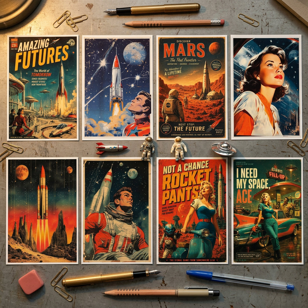 A set of eight vintage-style retro science fiction metal tin signs featuring classic space and sci-fi comic book covers, arranged in a 2x4 grid on a white background.